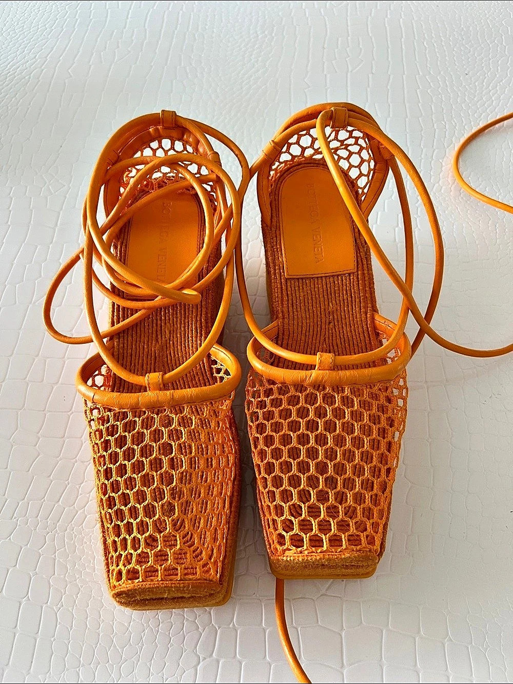 Bottega Veneta Net-Panel 90mm Wedge Sandals Orange EU 37